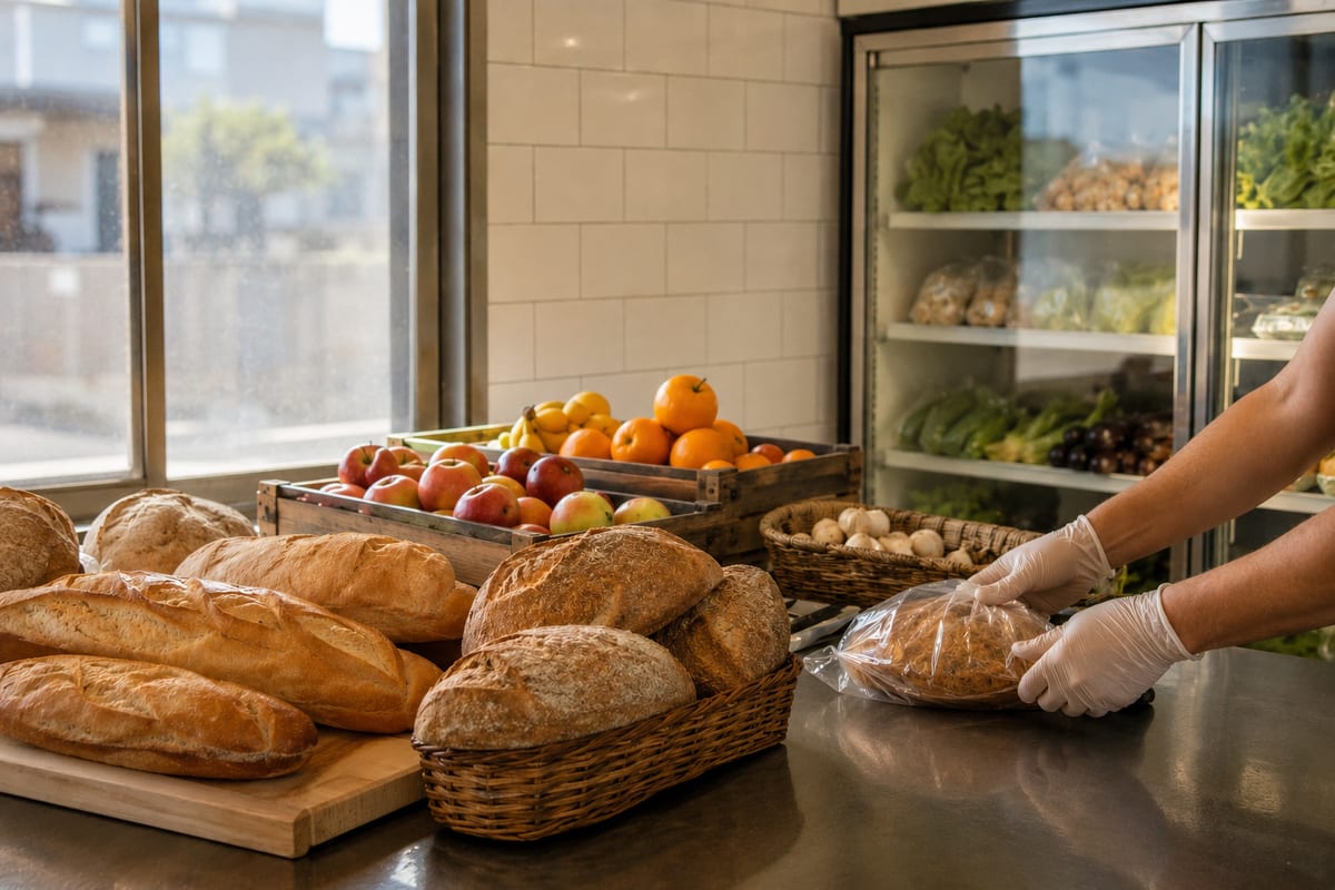 Mostrador de un comercio de alimentos en Senillosa: pan, cajones de frutas y heladera de verduras; una persona con guantes embolsa pan