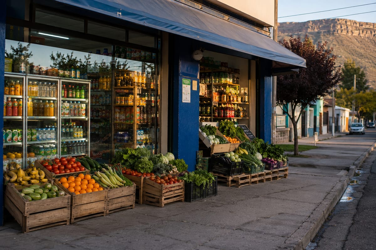 Comercio de barrio en Senillosa: verdulería en la vereda y la barda de fondo