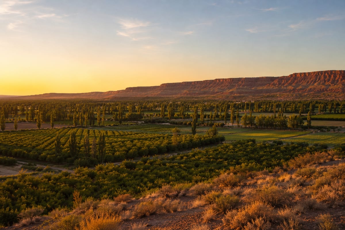 El valle productivo de Senillosa al atardecer: chacras, frutales y la barda patagónica al fondo